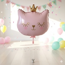 56x49 Cm Pembe Kedi Kafası Taçlı Folyo Balon 30 İnç - Doğum Günü Parti Dekorasyon Balonu Çok Renkli