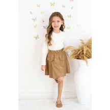 Bayramlık Fitilli Dantel Detay Deri Etekli 2 Li Takım Beyaz/bisküvi Beyaz - Camel