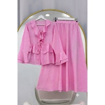 Lovie Moda Kolları Fırfırlı Etekli Takım Pembe
