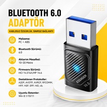 Essager Bluetooth 6.0 Usb Adaptör 20 Metre Menzil, 5 Cihaza Kadar Bağlantı, Tak Çalıştır, Windows Uyumlu
