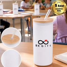 Logonuza Özel 5 Adet Pipetli Cam Matara 600 Ml Ahşap Kapaklı Kurumsal Suluk Beyaz