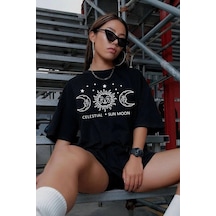 Novalisse Kadın Baskılı T-shirt Kısa Kol Bisiklet Yaka Oversize Rahat Kalıp Tişört - Siyah Çoklu Renk