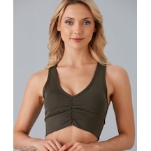 Aurafit Kadın Önü Büzgülü Arkası Çapraz Kaplı Crop Top/Büstiyer Haki