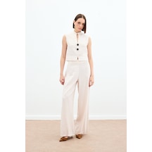Sateen Yüksek Bel Keten Pantolon - Taş-136161 Taş