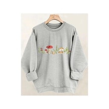 Herkesemoda Mantarlar Baskılıı Bisiklet Yaka İçi Polarlı Sweatshirt Gri