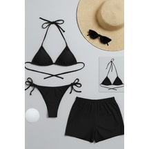 Kadın 3'lü Set Siyah Şortlu Ve Yandan Bağlamalı Bikini Mayo Takımı