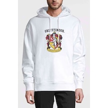 Grıyffındor Baskılı Beyaz Erkek Örme Kapşonlu Sweatshirt