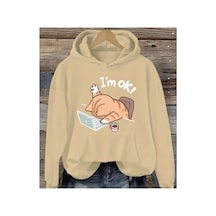 Herkesemoda I'm Ok Kedi Baskı Detaylı Kapüşonlu Sweatshırt Bej Bej