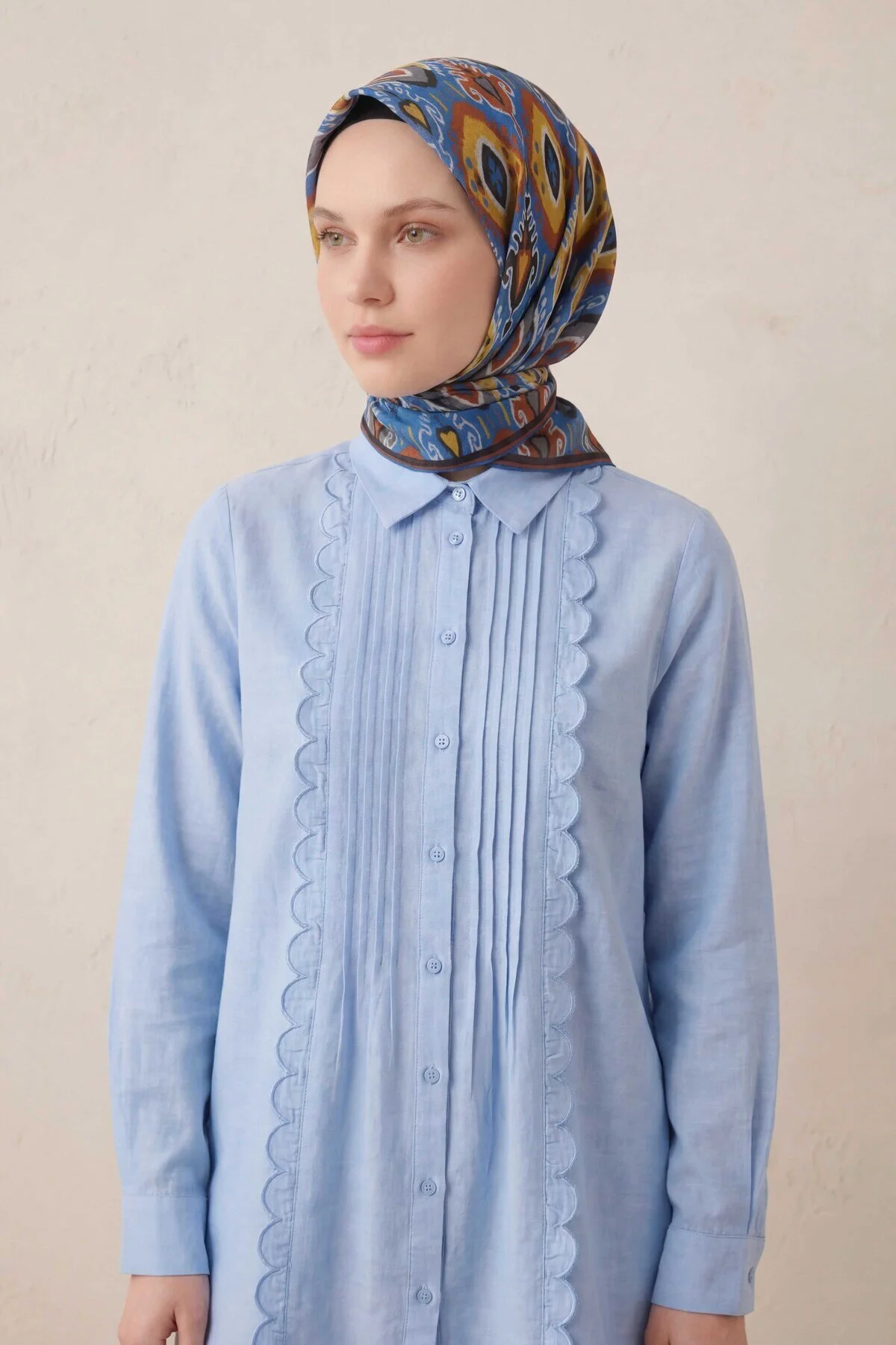 Silk Home Pamuk Karışımlı Soft Eşarp Baklava Desen Mavi 90x90