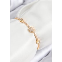 Pirinç Zirkon Taşlı Kar Tanesi Model Gold Renk Asansörlü Kadın Bileklik Çok Renkli