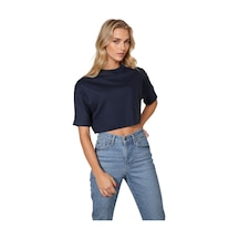 Lacivert Bisiklet Yaka Rahat Kalıp Yarasa Kol Penye Kadın Crop T-shirt Lacivert