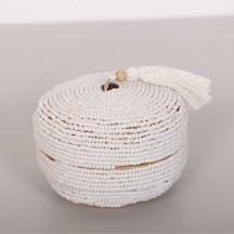 Bali Boncuklu Bambu Saklama Kutusu 16x10 Cm Beyaz