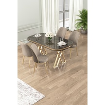 Canisa Lai Serisi 90x168 Lak Panel Antrasit İroni Masa Ve 4 Cappucino Sandalye Gold Kaplama Ayak Antrasit İroni Masa Cappucino Sandalye Gold Ayak