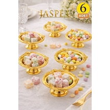 Jasper 6'lı Gold, Kenar İşlemeli Kahve Yanı Lokumluk Şekerlik Ayaklı Gold Çerçeveli Şık Sunumluk