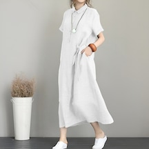 Barbora Keten Günlük Kısa Kol Tam Boy Yazlık Salaş Kadın Elbise Ln245ekru2 001