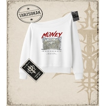 Tarzsokak Gotik & Grunge Streetwear Lack Of Money Kayık Yaka Sweatshirt Beyaz