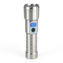 M06 Metal Kasa Uzun Menzil Profesyonel Led Fener 1800 Lümen 5000 Mah Zoom 4 Mod Dijital Ekranlı Usb Şarjlı Fener Powerbank Açık Gri