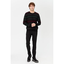 Erkek Sıfır Yaka Renkli Çizgili Klasik Yün Kazak Siyah Siyah