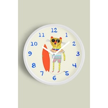 Sörf Tahtalı Leopar Çocuk Odası Duvar Saati - 35cm - Önü Camlı Beyaz Kasa - Sessiz Mekanizma Beyaz