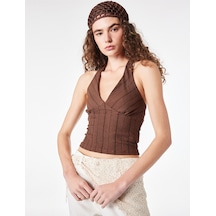 Koton Bürümcük Kumaş Slim Fit Bel Vurgulu Çizgili Halter Yaka Bluz Kahverengi Çizgili 6sal30285ık Kahve Çizgili