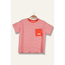 Erkek Çocuk Çizgili Çepli T-shirt - Coral Çizgili Turuncu