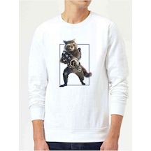 Roket Rakun Galaxy Baskılı Beyaz Erkek Örme Sweatshirt