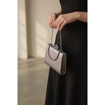 Enoch Kadın Mikro Dokulu Gümüş Metal Saplı Ve Yarım Ay Kilitli Minimalist Abiye Portföy Çanta Füme