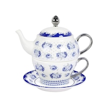 Vintage Mavi Çiçekli Çay Seti, Puantiyeli Porselen 450 Ml Çaydanlık, 220 Ml Fincan