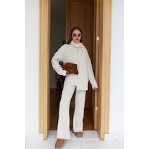 Meecy Kadın Triko Pantolon Takım Oversize Saç Örgülü Ekru Ekru