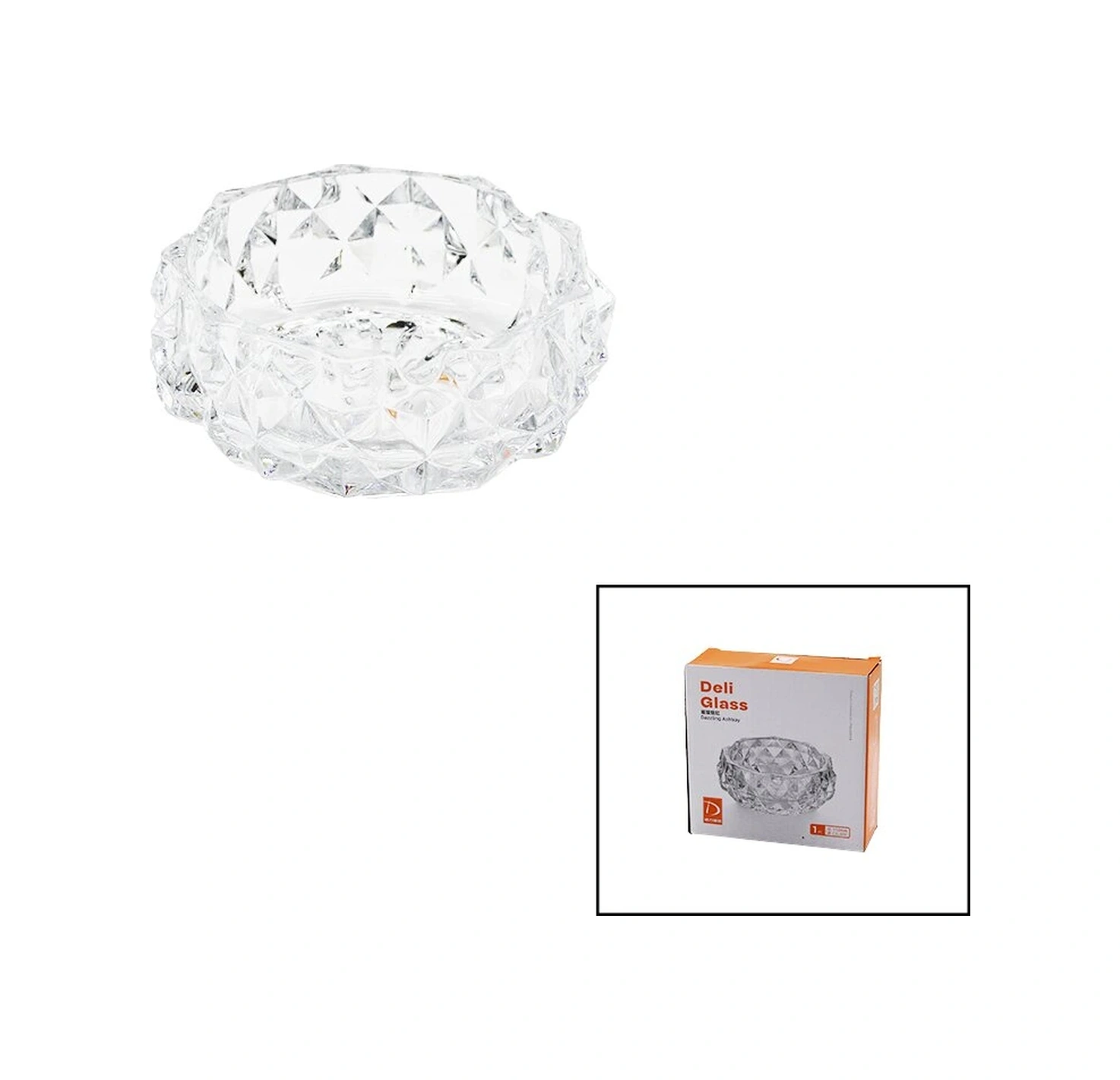 Küçük Cam - Dıamond Kristal Şekil Yuvarlak Küllük Çap: 11.2cm - D: 4.4cm