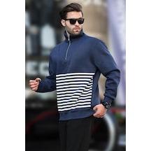 Madmext Lacivert Fermuar Yakalı Çizgili Sweatshirt 7056-lacivert Lacivert