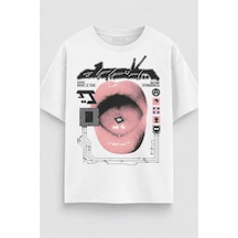 Yolo Street Cyberpunk Dudak Baskılı Oversize Tişört %100 Pamuk Streetwear Unisex Beyaz T-shirt Beyaz