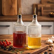 Porsima Viking 18114 2li 1000 Ml Cam Şişe Yağlık Sirkelik Çift Kapaklı Gold Altın