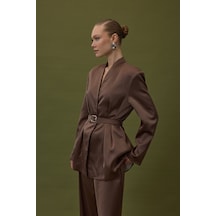 Lisa Kemerli Saten Ceket - Kahve-136928 Kahve
