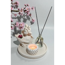 Dekoratif Vazo Seti - Buket Kız Vazo+çiçek Kokulu Oda Kokusu+tealight Mumluk Ve Mum+yuvarlak Tepsi Beyaz