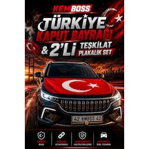 Kemboss Türkiye Kaput Bayrağı Ve Teşkilat Plakalık Seti - 130x160 Cm Lastikli Kaput Bayrağı + 2'li Universal Araba Plakalık
