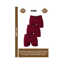 Grey Cat Premium Gündelik Giysi Giyim Eşyası Üçlü Set Erkek Bordo Düğmeli Boxer 3'lü Paket %100 Pamuklu Penye