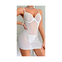 Lily Bianca Nightwear Transparan Elbise Tangalı Ve Arka Tarafı Bağcıklı Fantezi Kostüm Beyaz