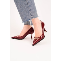 Esatsani Bordo Rugan Gold Toka Detaylı Sivri Burun 9 Cm Topuklu Rara Stiletto Kadın Ayakkabısı Bordo Rugan