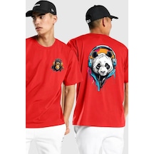 Kulaklık Ayı Panda Kırmızı Oversize Unisex Ön Ve Sırt Baskılı Tişört Kırmızı
