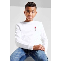 Tshirthane Kedi Ve Kırmızı Balon Kedi Yavru Baskılı Unisex Çocuk Beyaz Swea Beyaz