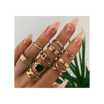 Reverie Gold Altın Renkli Siyah Taşlı Vintage Bohem 12 Parça 12'li Yüzük Seti Koyu Pembe