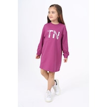 Toontoy Kız Çocuk Baskılı Relax Fit Bisiklet Yaka Uzun Kollu Elbise - Mürdüm