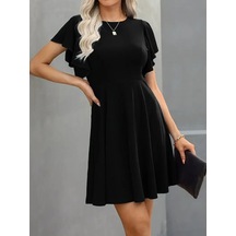 Kadın Kısa Kelebek Kollu Bisiklet Yaka Janjan Krep Elbise Çok renkli