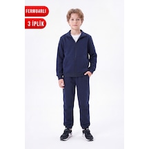 Panios Kids Erkek Çocuk Düz Basic Fermuarlı Dik Yaka Çift Cepli Eşofman Takımı Lacivert
