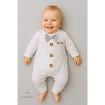 Babyden's Mini Boss Papyonlu Erkek Bebek Tulum Düğmeli Tasarım, Uzun Kollu Yenidoğan Tulumu Gri