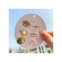 Oasis Gold Altın Renkli Mavi Yeşil Krem Doğal Taşlı Vintage Bohem 6 Parça 6'lı Yüzük Seti Kırmızı-Siyah