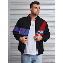 Unisex Uzun Koll Fermuarlı Baskılı Rüzgarlik - Siyah Siyah