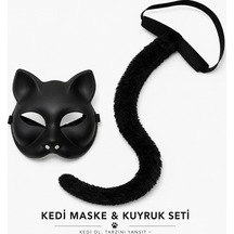 Siyah Kedi Maskesi Ve Peluş Kuyruk Kostüm Seti 70 Cm - Ifgc-883332