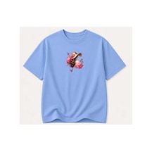 Herkesemoda Güllü Kadın Temalı Baskılı Kadın Bisiklet Yaka Pamuklu T-shirt Açık Mavi